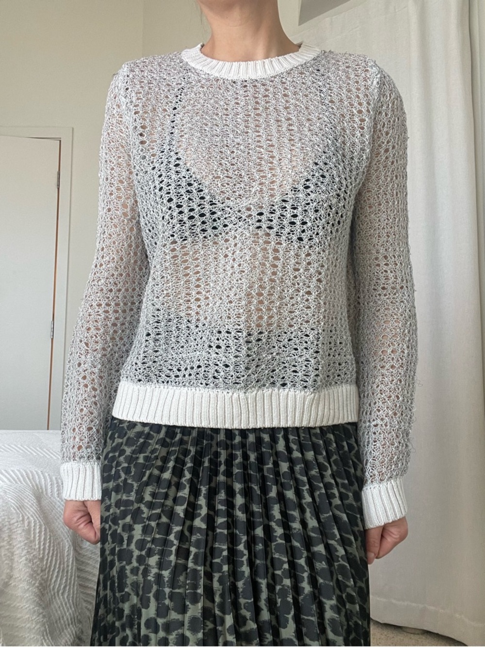 COS Sz S Beige Open-Knit Crewneck Sweater